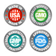 © Calin - Four product badges, made in USA, GMO free, Good manufacturing practice, approved