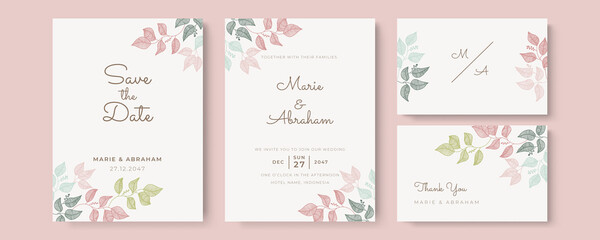 Fototapete - Set of card with flower rose, leaves. Wedding ornament concept. Floral poster, invite. Vector decorative greeting card or invitation design background