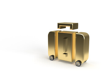 Wall Mural - gold suitcase on wheels exclamation mark as car on isolated background.