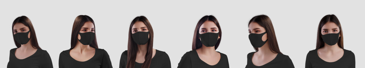 Sticker - Mockup of a black mask on a beautiful girl, isolated on background. Set