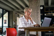 © Robijn Page/Westend61 - Smiling businesswoman holding eyeglasses while using laptop at desk by column at home office