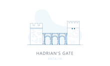 Hadrian’s Gate, Antalya, Turkey. The Famous Landmark Of Antalya, Tourists Attraction Place, Skyline Vector Illustration, Line Graphics For Web Pages, Mobile Apps And Polygraphy.