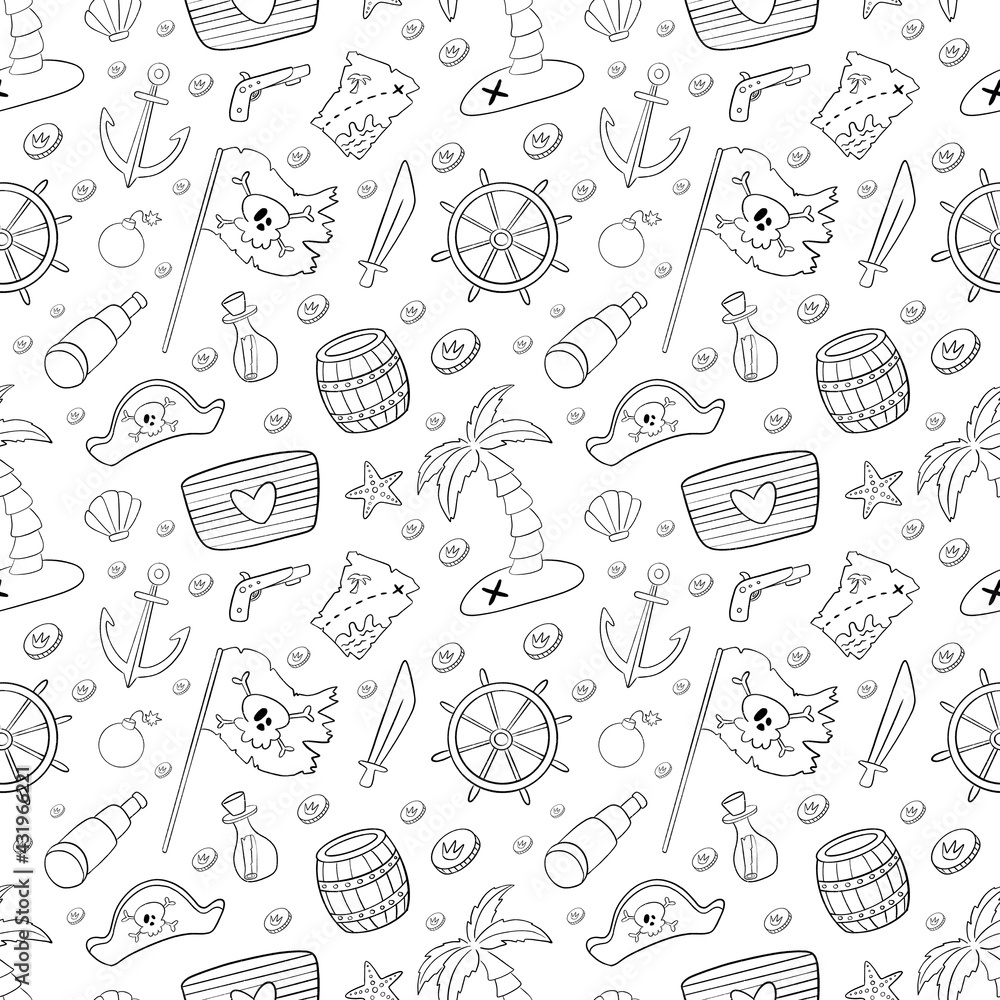 Cute cartoon pirates seamless pattern. Doodle pirate pattern. Pirate ...