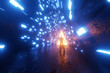 © Spectral/Westend61 - Three dimensional render of silhouette of man standing in front of triangle shaped portal glowing at end of futuristic corridor
