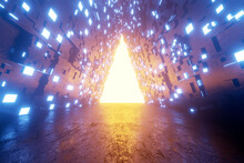 Three Dimensional Render Of Triangle Shaped Portal Glowing At End Of Futuristic Corridor