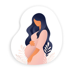 Wall Mural - Side view of pregnant woman, pregnancy concept in trendy paper cut craft graphic style. Modern abstract design of motherhood poster, banner. Vector illustration isolated on white background.