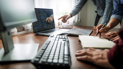 Wall Mural - programming developing software application. programmer writing program code with two monitors and w