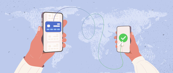 Transfer money by online internet banking all around the world flat vector illustration. Hands holding phones and sending and getting money by credit card on world map background