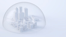 White Three Dimensional Render Of Glass Dome Covering Diorama Of City Downtown