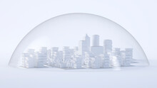White Three Dimensional Render Of Glass Dome Covering Diorama Of City Downtown