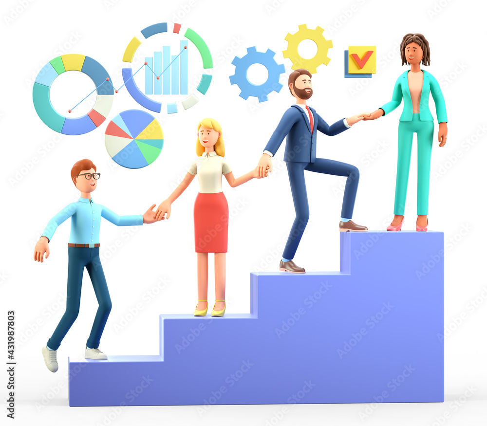 3D illustration of business team working together for success and growing.  Multicultural cartoon characters helping to each other and giving a  support. Corporate partnership and cooperation. Stock Illustration | Adobe  Stock, image size:1000x875