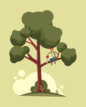 Do Not Cut Branch You Sitting Proverb Concept. Man Is Sawing A Tree Branch. Wrong Mental Action To Problem Solving.  Flat Cartoon Illustration