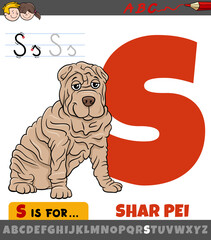 Wall Mural - letter S worksheet with cartoon Shar Pei purebred dog