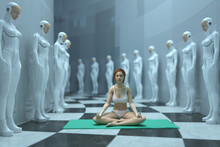 Woman Meditating In A Futuristic Interior