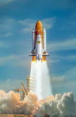 spaceship takes off into the sky. rocket starts into space. bitcoins and new virtual money concept. 