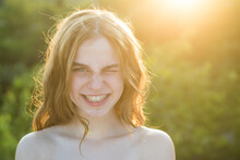 Portrait Of Smiling Teen With Natural Nude Make Up. Beauty Portrait Of Beautiful Smiling Female Model. Natural Smile.