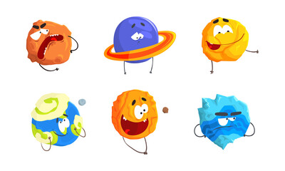 Sticker - Comic Humanized Planets with Arms and Face with Different Emotions Vector Set