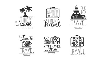 Poster - Time to Travel Original Design with Packed Suitcase Vector Set