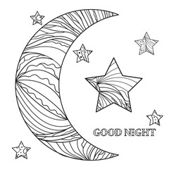 Wall Mural - Zentangle moon and star with abstract patterns on isolation background. Design for spiritual relaxation for adults. Line art creation. Black and white illustration. Print for t-shirts and textiles