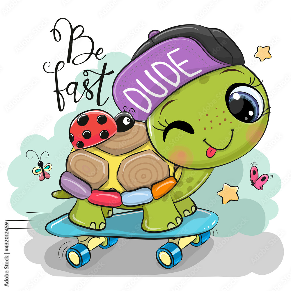 Turtle with a purple cap and a skateboard - obrazy, fototapety, plakaty 