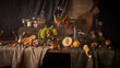 Fotografia jak malarstwo olejne przedstawiająca martwą naturę z homarem i owocami w stylu starych mistrzów malarstwa holenderkiego.