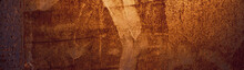 Empty Rusty Corrosion And Oxidized Background, Horizontal Banner. Grunge Rusted Metal Texture. Worn Metallic Iron Wall