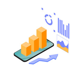Data analysis. Digital financial reporting, seo, marketing. Business management, development. 3d isometric smartphone, mobile phone with graph, chart, statistic. Vector design for website