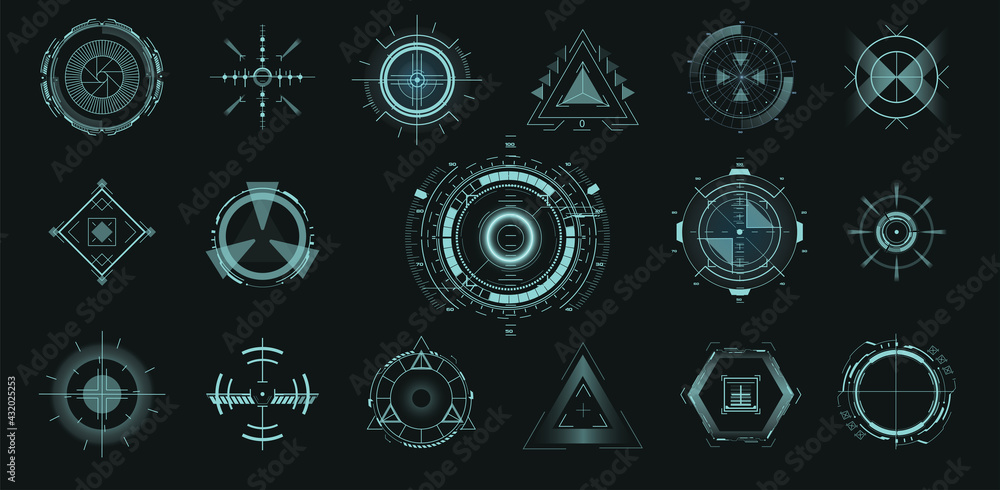 Futuristic optical aim. Military collimator sight, gun targets focus range indication. Gaming and hi-tech, cyberspace and gui design, electronic theme. HUD, GUI,UI technology future elements. Vector