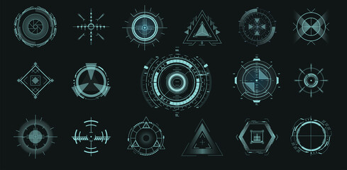 Poster - Futuristic optical aim. Military collimator sight, gun targets focus range indication. Gaming and hi-tech, cyberspace and gui design, electronic theme. HUD, GUI,UI technology future elements. Vector