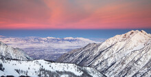 Winter Landscape Image Of Little Cottonwood Canyon And Salt Lake Valley.