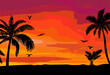 Silhouette palm sunset hand drawn, great design for any purposes. Yellow and orange background. Sketch drawing. Nature illustration. Poster banner design.