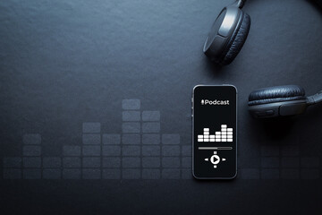 Podcast audio equipment. Audio microphone, sound headphones, podcast application on mobile smartphone screen. Recording sound voice on dark background. Live online radio player mockup banner.