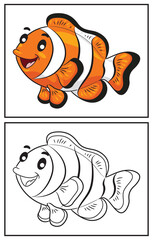 Wall Mural - Coloring book cute clown fish.  Coloring page and colorful clipart character. Vector cartoon illustration.