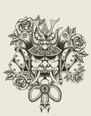 Wall Mural - illustration vector samurai head with rose flower