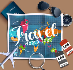 Wall Mural - travel world tour vector design. travel world tour text with traveling element like map, sunglasses,