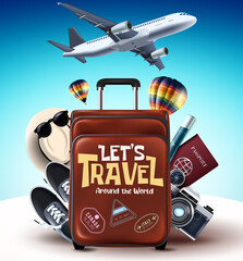 Wall Mural - let's travel around the world vector design. let's travel around the world text with luggage, sneake