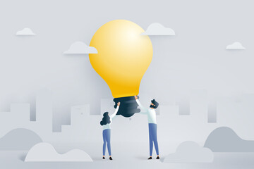 Aufkleber - Creative idea, Innovation, Brainstorming concept with male and female holding big light bulb on cityscape background.Website Landing page.