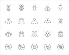 Set Of Insect And Bug Line Style. It Contains Such Icons As Mosquito, Mantis, Moth, Ant, Bug Stick, Ladybug, Mite, Natural And Other Elements. Customize Color, Easy Resize.