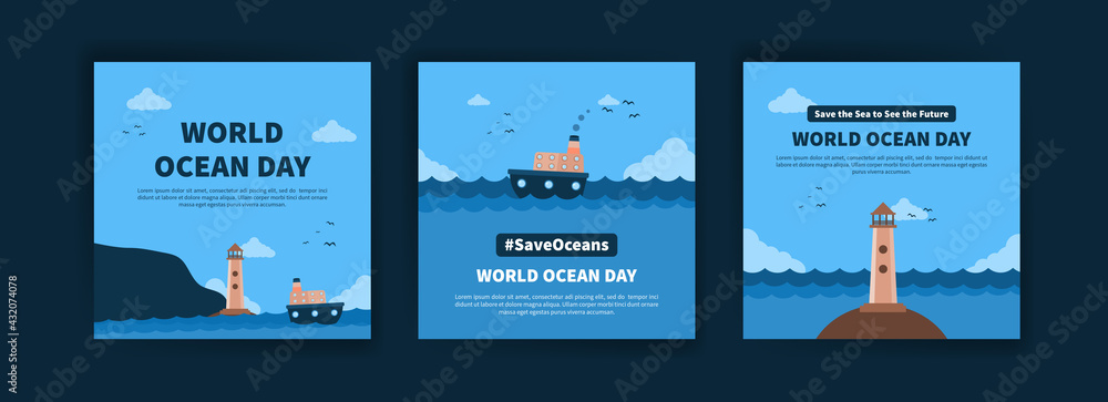 World Ocean Day. Education on the importance of protecting the oceans. Banner vector for social media ads, web ads, business messages, discount flyers and big sale banners. - obrazy, fototapety, plakaty 