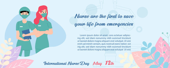 Nurses in a abstract shape with wording of event and decorated plants on light blue background. Poster's campaign of International Nurses Day in flat style and vector design.