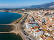 Panoramic view from drone of Mediterranean seascape of Roses city, Spain