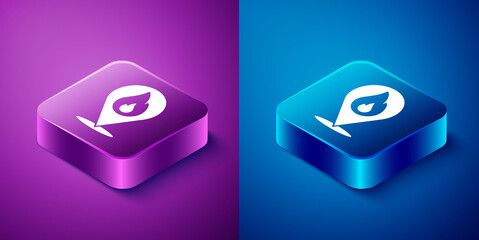 Sticker - Isometric Map pointer with fire flame icon isolated on blue and purple background. Fire nearby. Square button. Vector