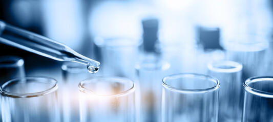 Test tube containing chemical liquid in laboratory, lab chemistry or science research and development concept.	