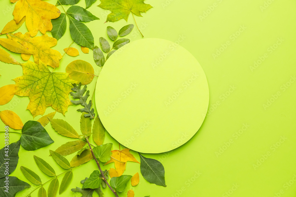 Blank card and autumn leaves on color background