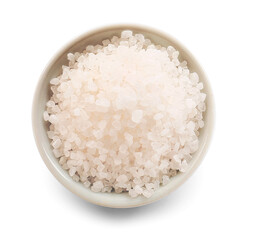 Bowl with salt on white background