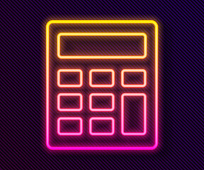 Wall Mural - Glowing neon line Calculator icon isolated on black background. Accounting symbol. Business calculations mathematics education and finance. Vector