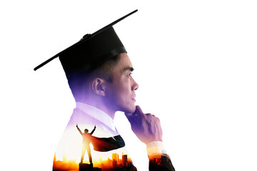 Wall Mural - Side view of confident young   graduation man face with knowledge is power concepts . double exposure