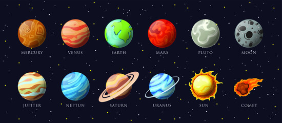 Wall Mural - cartoon solar system planets. astronomical observatory small planet pluto, venus mercury neptune ura