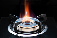 Gas Stove Burner With Yellow Flame Close-up