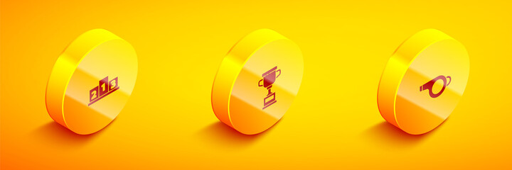 Sticker - Set Isometric Award over sports winner podium, cup and Whistle icon. Vector